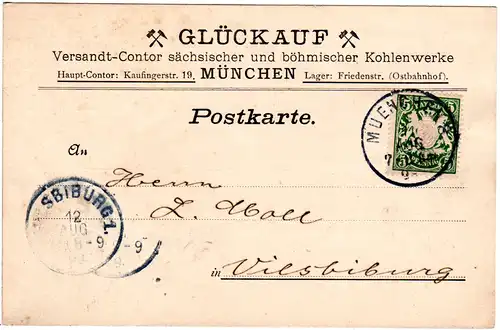 Bayern 1899, Glückauf Kohlenwerke Karte m. 5 Pf. ab München