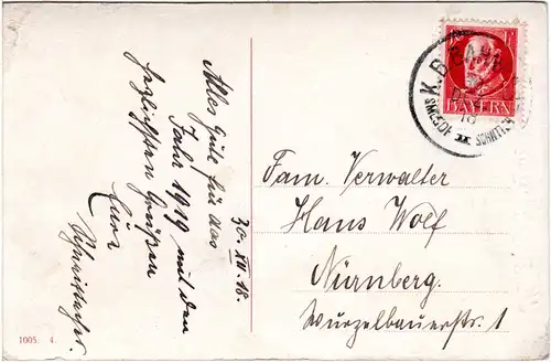 Bayern 1918, Bahnpost K1 SMLSDF II SCHNTTCH auf Karte m. 10 Pf.