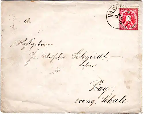 Österreich 1885, Böhmen-K1 HASLAU auf Brief m. 5 Kr.
