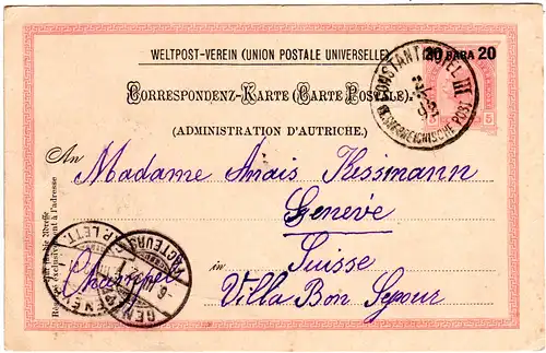 Österreich Levante 1892, 20 P. Ganzsache, sauber gebr. v. CONSTANTINOPEL III