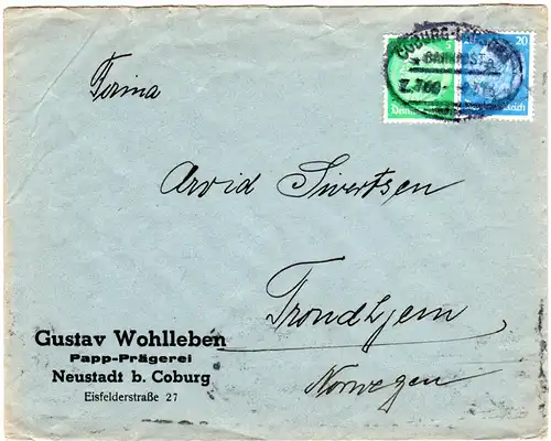 DR 1936, 5+20 Pf. auf Brief v. Neustadt n. Norwegen. Bahnpost Coburg-Lauscha