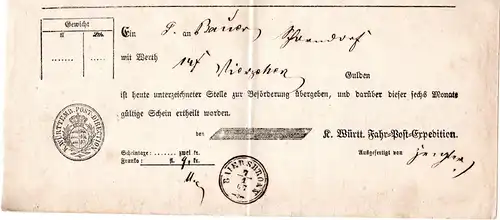 Württemberg 1867, Postschein v. BAIERSBRONN