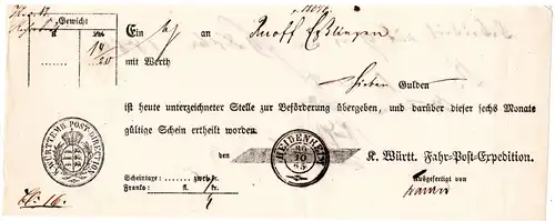 Württemberg 1865, Postschein v. HEIDENHEIM