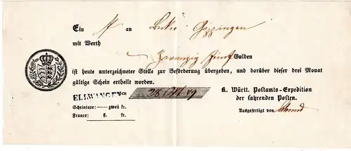 Württemberg 1849, Postschein v. ELLWANGEN