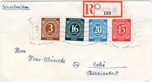 1946, portorichtiger R-Brief m. eingestempeltem Reko Zettel v. Lübeck 6