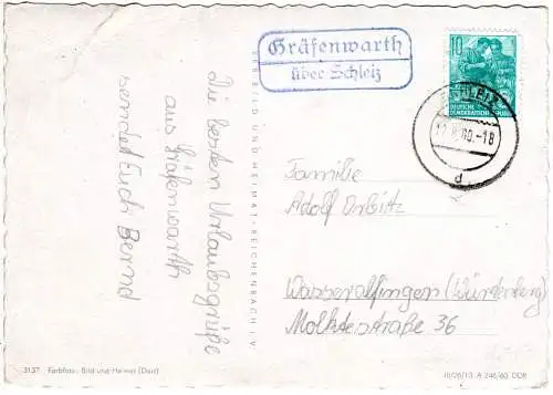 DDR 1960, Landpost Stpl. GRÄFENWARTH über Schleiz auf Karte m. 10 Pf.