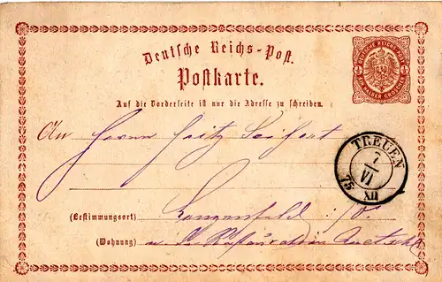 DR 1875, TREUEN, nachverwendeter Sachsen-K2 auf 1/2 Gr. Ganzsache