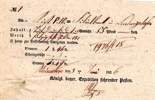 Bayern 1856, Postschein f. ein Wert Paket v. Weinzabern, Pfalz