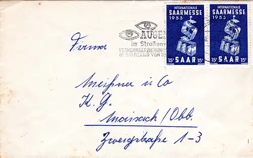 Saar 1953, MeF Paar 15 F. Saarmesse auf portorichtigem Brief v. Saarbrücken