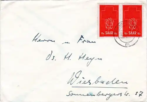 Saar 1952, MeF Paar 15 F. Rotes Kreuz auf portorichtigem Brief v. Saarbrücken