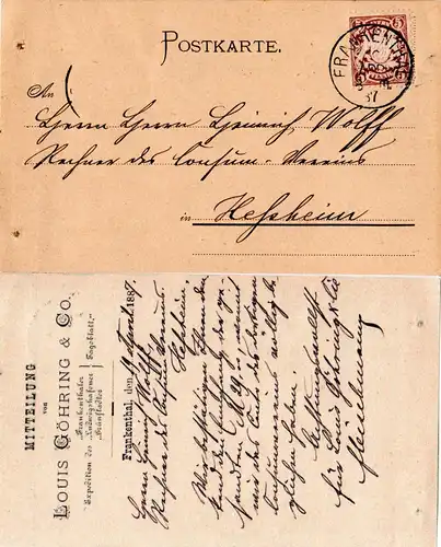 Bayern 1887, 5 Pf. viol. auf Karte v. Frankenthal, Expedition des Tageblatt