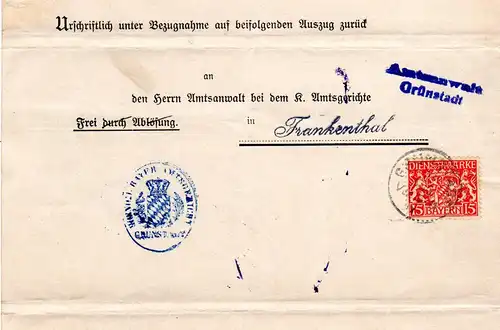 Bayern 1917, 15 Pf. Dienst auf 2mal verwendetem Gerichts Brief v. Frankenthal