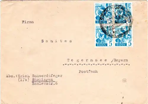 Baden 1949, 4er-Block 5 Pf. auf Brief v. Säckingen