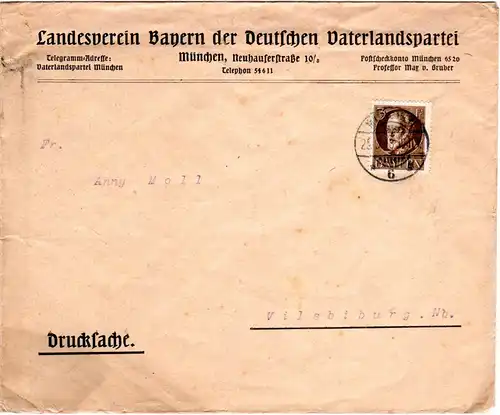 Bayern 1918, 3 Pf. auf Vordruck Brief d. Dt. Vaterlandspartei v. München