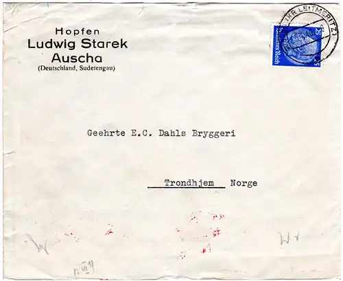 DR 1940, 25 Pf. auf Hopfen Vordruck Brief v. Auscha Sudetengau n. Norwegen