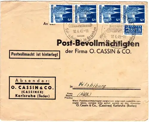 1949, MeF 4er-Streifen 5 Pf. auf Firmen Vordruck Brief v. WINDSHEIM