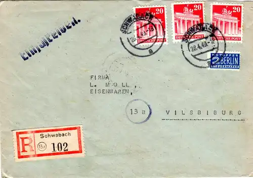 1949, MeF 3er-Streifen 20 Pf. auf Einschreiben Brief v. 13a SCHWABACH