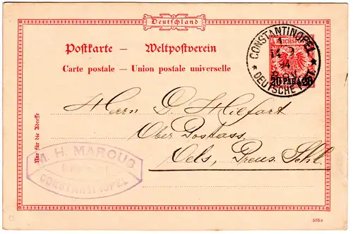 Dt. Post Türkei 1894, 20 P./10 Pf. Ganzsache v. CONSTANTINOPEL m. Firmenstempel