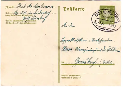 DR 1933, Bahnpost Stpl. PASSAU -NEUMARKT Z.75 klar auf Ganzsache v. Luderbach