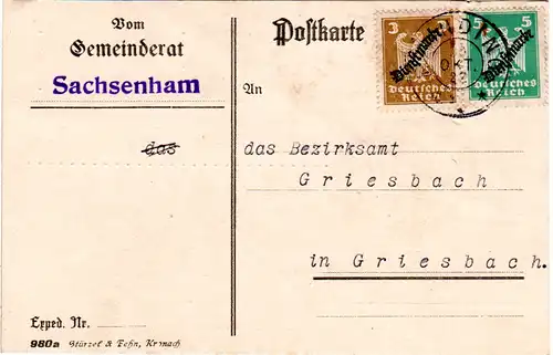 DR 1927, 3+5 Pf. Dienst auf Karte v. Gemeinderat Sachsenham ab RAINDING