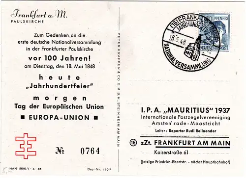 1948, SoStpl. Jh-feier National Versammlung auf limitierter Karte v. Frankfurt