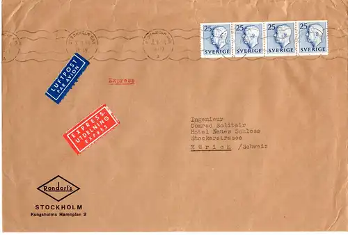 Schweden 1954, MeF 4er-Streifen 25 öre auf Luftpost Express Brief i.d. Schweiz
