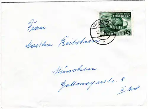 Österreich 1956, EF 2,40 S. 10 Jahre UNO auf Brief v. Salzburg