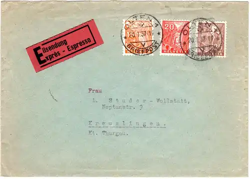 Schweiz 1937, 15+20+25 C. auf Eilboten Brief v. Olten