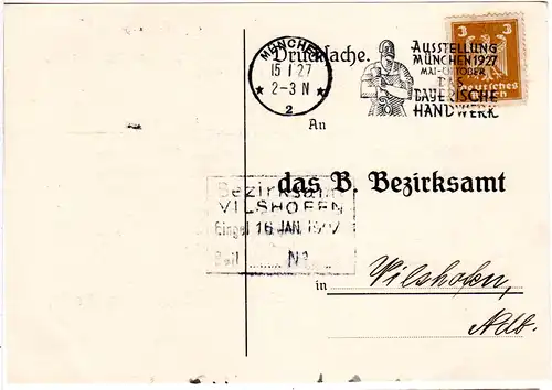 DR 1927, Ausstellung Bayer. Handwerk Werbe Stpl. auf Karte v. München