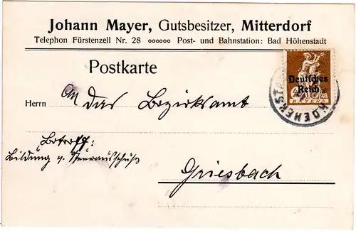 DR 1921,40 Pf. auf Vordruck Karte v. Gut Mitterdorf m. Stpl. HOEHENSTADT