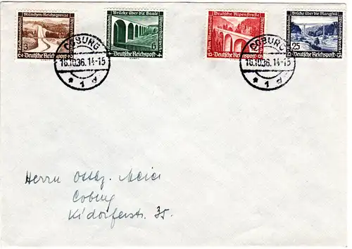 DR 1936, 4 WHW Marken m. Brücken auf Brief v. Coburg.