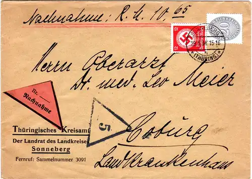 DR 1934, 12+20 Pf. Dienst Mischfrankatur auf Nachnahme Brief v. Sonneberg