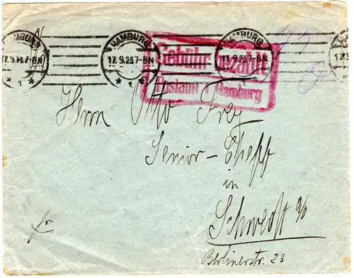 DR 1923, gr. roter R2 Gebühr bezahlt auf Brief v. Hamburg
