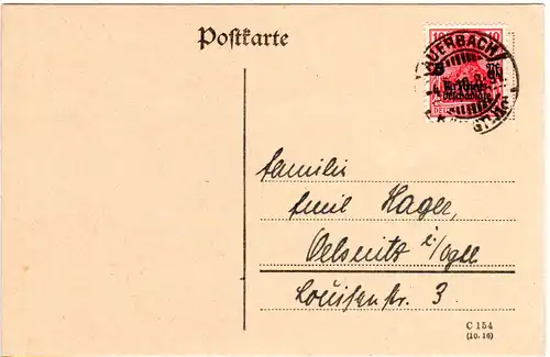 DR 1919, 10+5 Pf. Kriegsbeschädigten Marke auf Karte v. AUERBACH