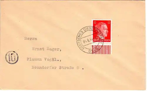 DR 1944, 12 Pf. m. unterem Bogenrand auf Brief v. Dienstpostamt Oslo a, Norwegen