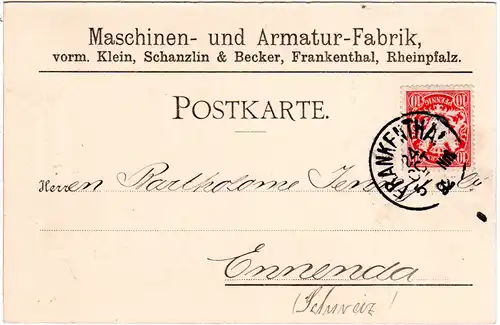 Bayern 1892, 10 Pf. auf Firmen Vordruck Karte v. FRANKENTHAL i.d. Schweiz
