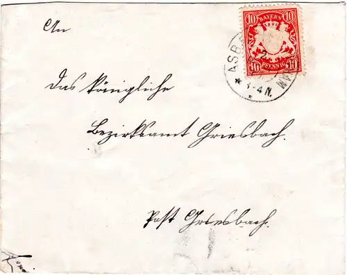 Bayern 1910, K2 ASBACH bei KARPFHAM auf kl. Brief m. 10 Pf. 