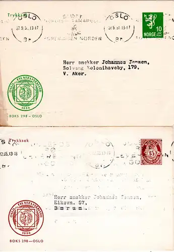 Norwegen 1951/55, 2 gebr. Privat Ganzsachen Oslo Filatelistklubb