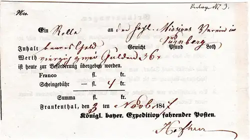 Bayern 1847, Postschein v.  FRANKENTHAL  f. ein Paket bares Geld