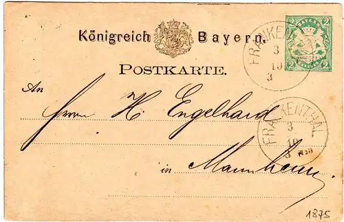Bayern 1875, K1 FRANKENTHAL klar auf 2 Kr. Ganzsache