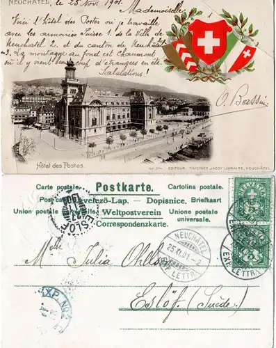 Schweiz 1901, Paar 5 C. auf Präge-AK v. Neuchatel n. Schweden.