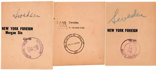 USA 1955, 3 Luftpost Vorbinde Leitzettel m. California Stempeln