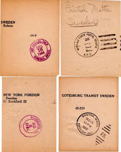 USA 1955, 4 Luftpost Vorbinde Leitzettel f. Briefe nach Schweden