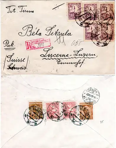 Polen 1928, 9 Marken vorder- u. rücks. auf Reko Brief v. Bielsko in die Schweiz