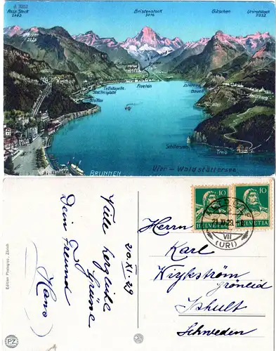 Schweiz, Vierwaldstätter See, Farb-Panorama AK, gebr. ab Altdorf n. Schweden