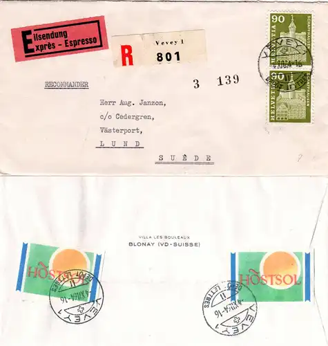 Schweiz 1964, MeF Paar 90 C. auf Reko Express Brief v. Vevey n. Schweden