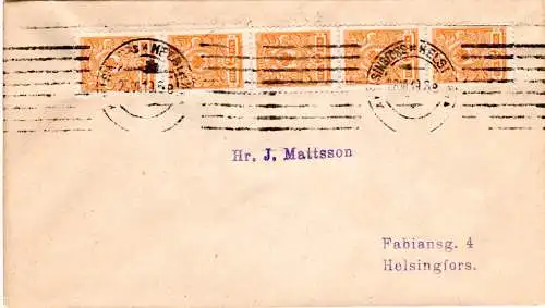 Finnland 1919, 5er-Streifen 2 P. auf Brief m. Maschinenstempel v. Helsinki