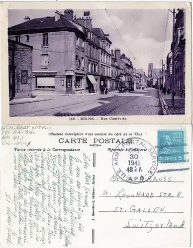 Frankreich 1945, Reims Rue Gambetta, sw-AK m. US Army Post i.d. Schweiz