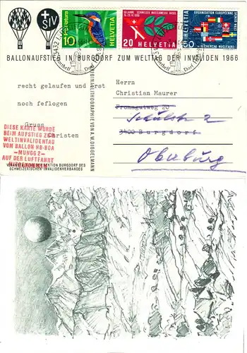Schweiz 1966, Burgdorf Ballon Post Karte zum Wettag der Invaliden