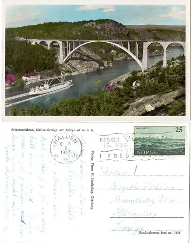 Norwegen 1957, Svinesund Brücke, v. Halden gebr. Farb-AK